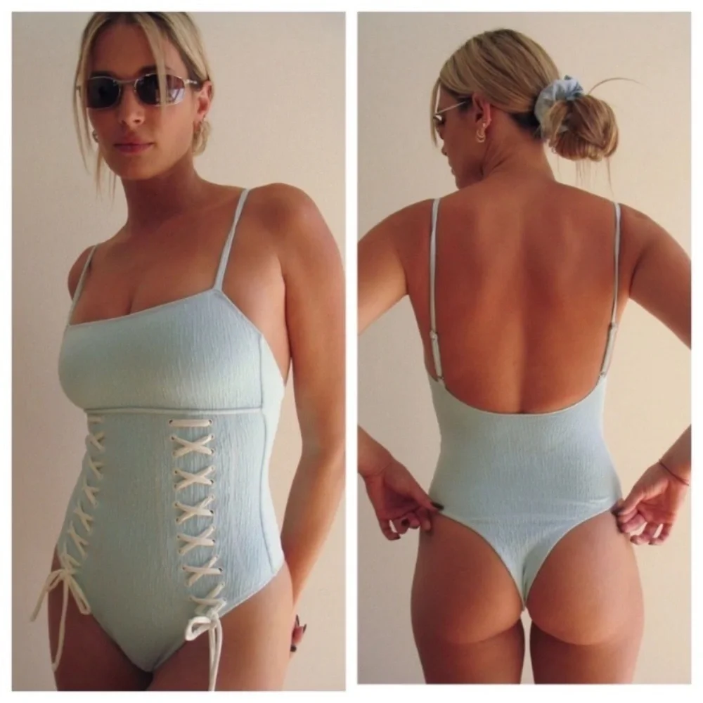 New! Frankie’s Bikinis Kylee lace-up one piece swimsuit blue 22752